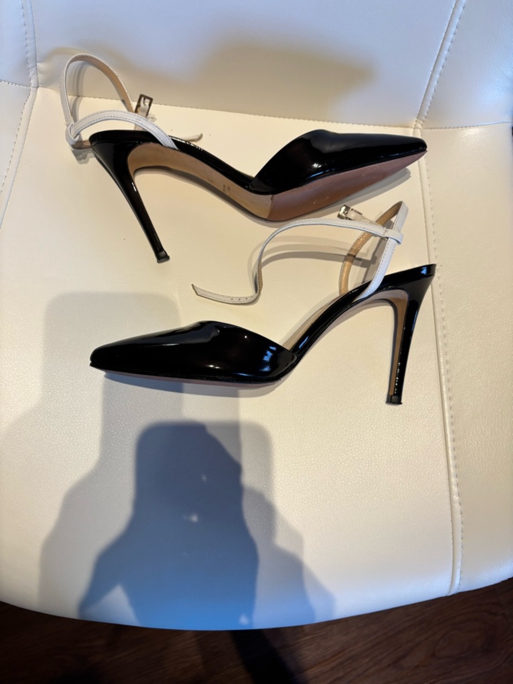 Black Patent Pointed-Toe Slingback Heels with White Ankle Strap